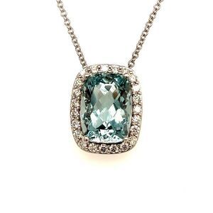 Diamond Aquamarine Pendant Necklace 14k Gold 17" 8.37 TCW Certified 213255